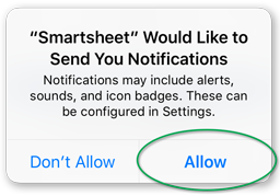 Vista della finestra Allow Smartsheet notifications (Consenti notifiche Smartsheet).