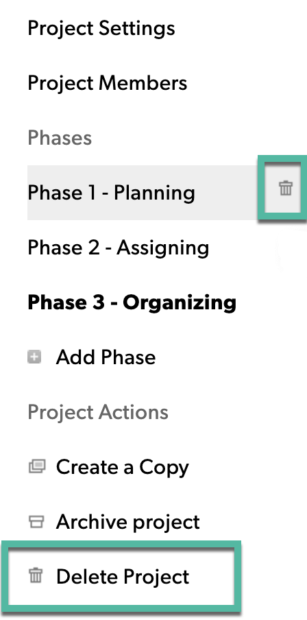 El menú de la barra lateral izquierda de la configuración del proyecto de administración de recursos donde los usuarios pueden eliminar el proyecto o las fases. 