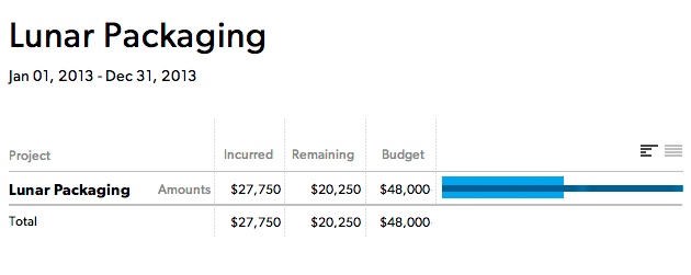 Beispiel für einen Auslastungsbericht: Zeigt den angefallenen Betrag, den verbleibenden Betrag und das Budget an.