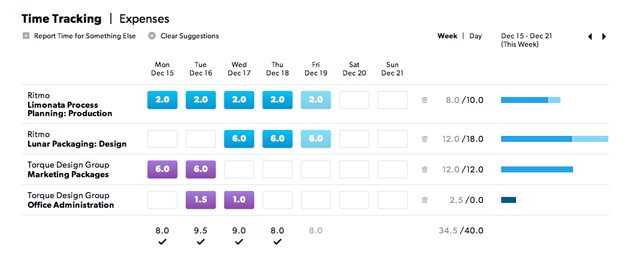 Planilla horaria en la vista de semana que muestra las horas sugeridas.