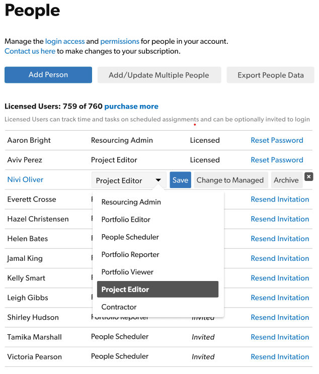 Imagem mostrando uma lista de pessoas e a seta suspensa que você pode usar para alterar o nível de permissão com todas as opções de permissão. 