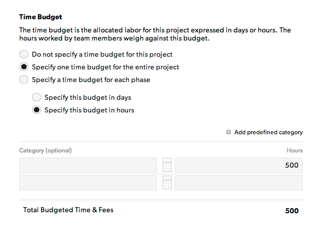 Cette image montre les paramètres du budget temps.
