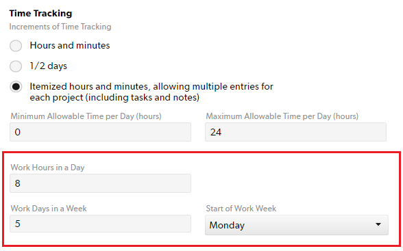 Esta imagen muestra las opciones ajustables para la duración de una semana laboral