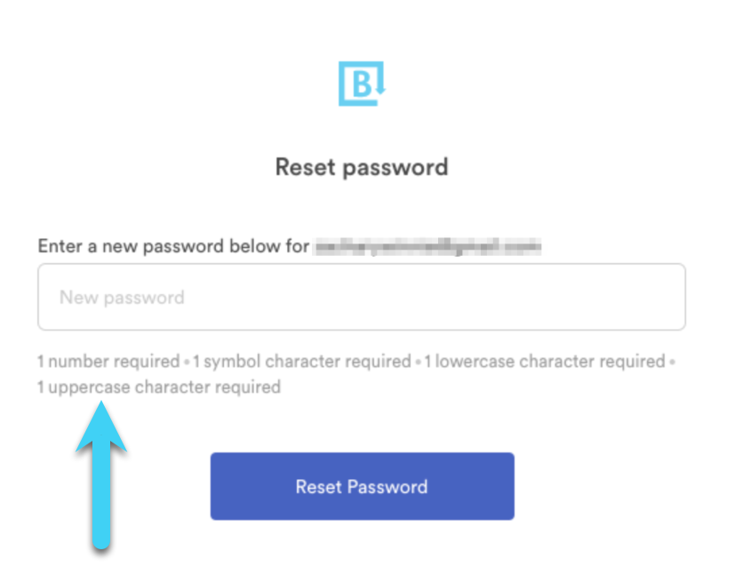 A screenshot of the reset password experience which includes an arrow to the area that outlines specific requirements like symbol characters required. 