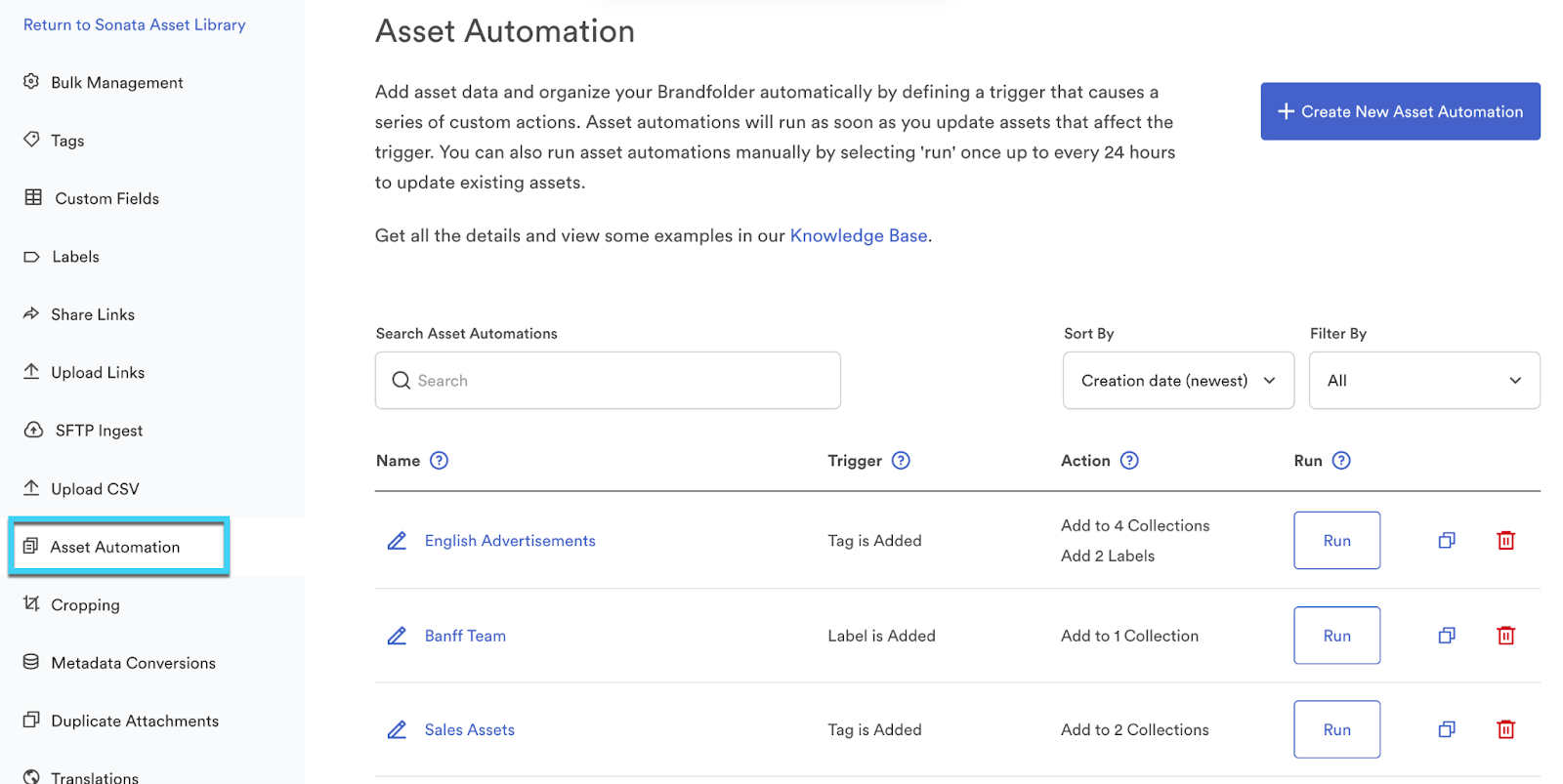 Asset automation page with a chart in the middle that includes name, trigger, action, and run. On the left hand side navigation asset automation is selected.