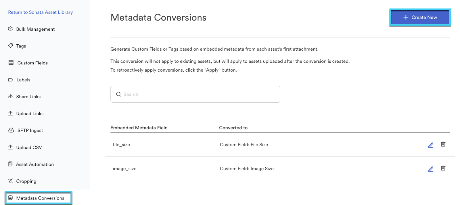 Metadata conversions page in bulk management with Create New highlighted in the top right hand corner.