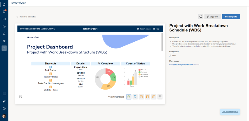 Project dashboard option selected from template gallery
