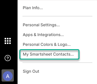 Image of Smartsheet left navigation bar and the account menu showing the My Smartsheet Contacts option
