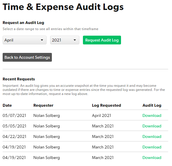 Audit logs screen with download links