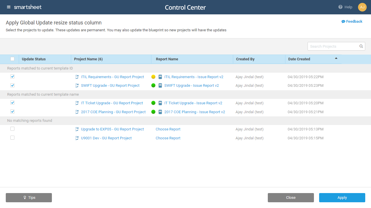 Selezione dei progetti in Aggiornamenti globali di Control Center