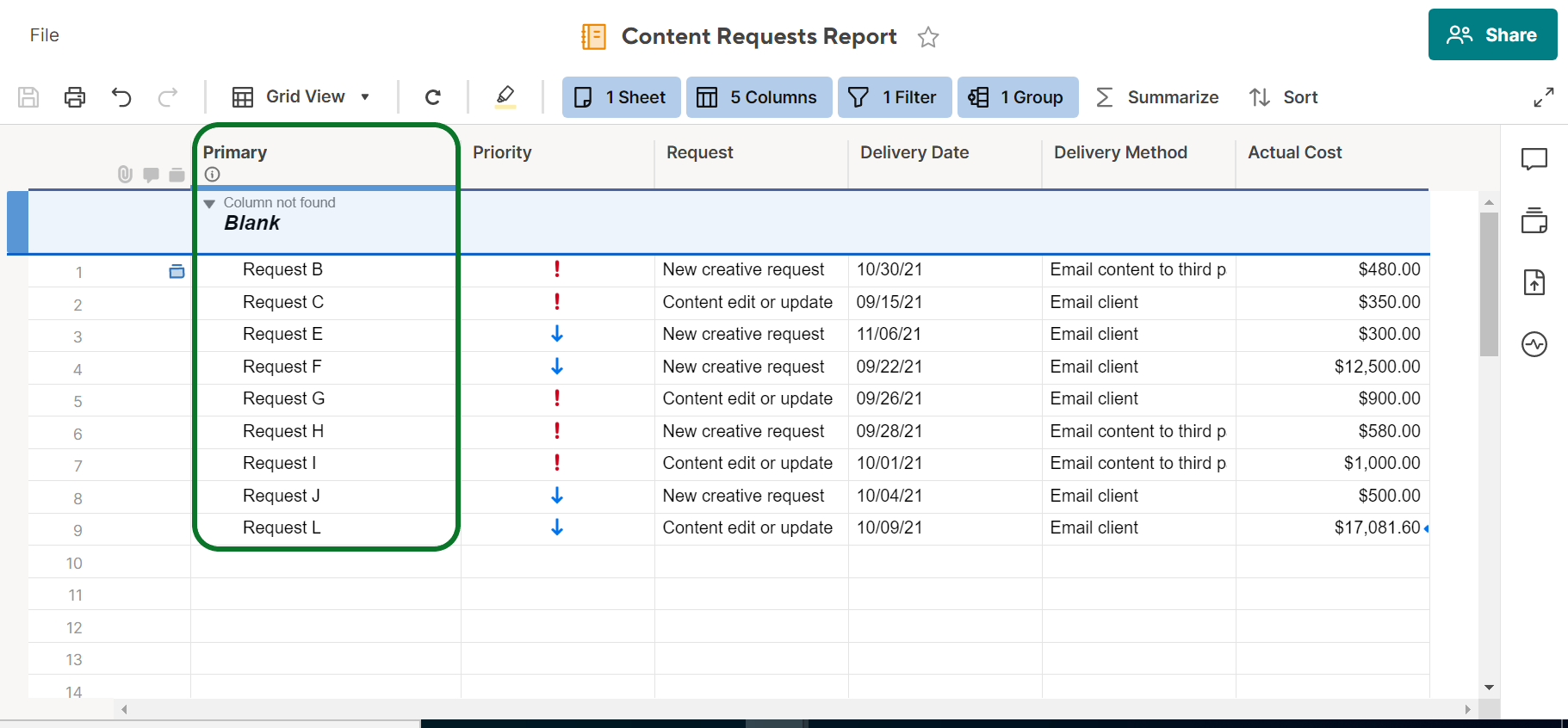 Error if you try to use a Multi Select column for your group