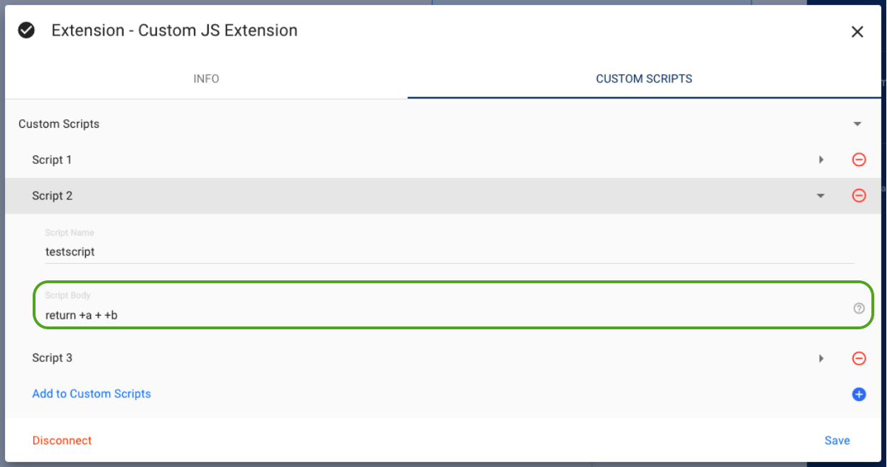 Screenshot del valore nel campo Script Body (Corpo script)