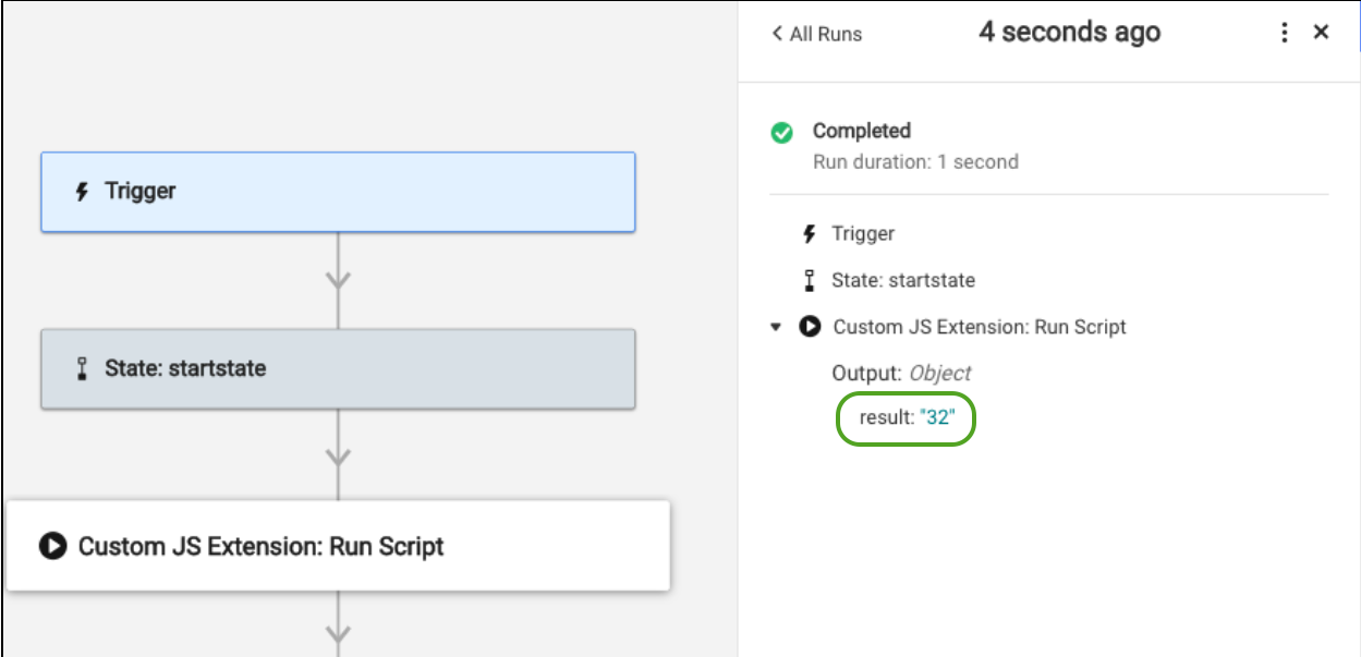 Resultado del módulo en el panel Run Log (Registro de ejecución)