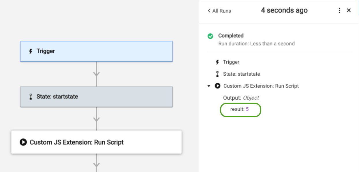 Una captura de pantalla del resultado en el panel Run Log (Registro de ejecución)