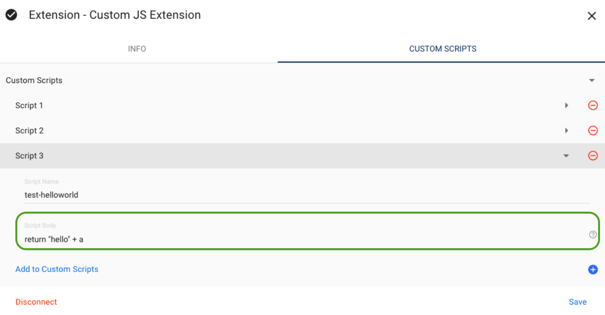 Screenshot della scheda Custom Scripts (Script personalizzati)