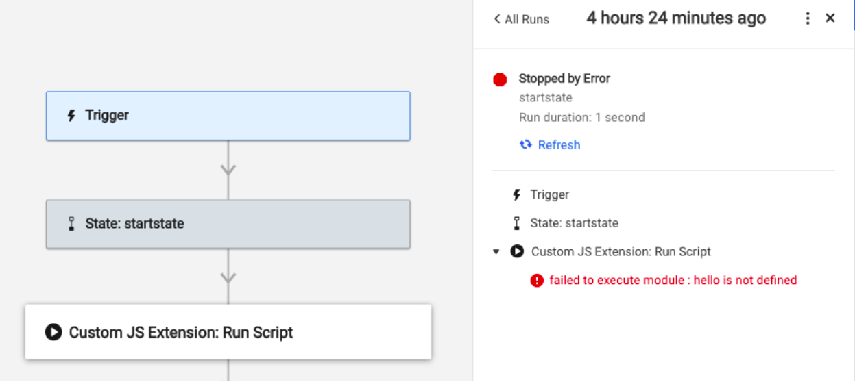 Messaggio di errore nel riquadro Run Log (Log di esecuzione)