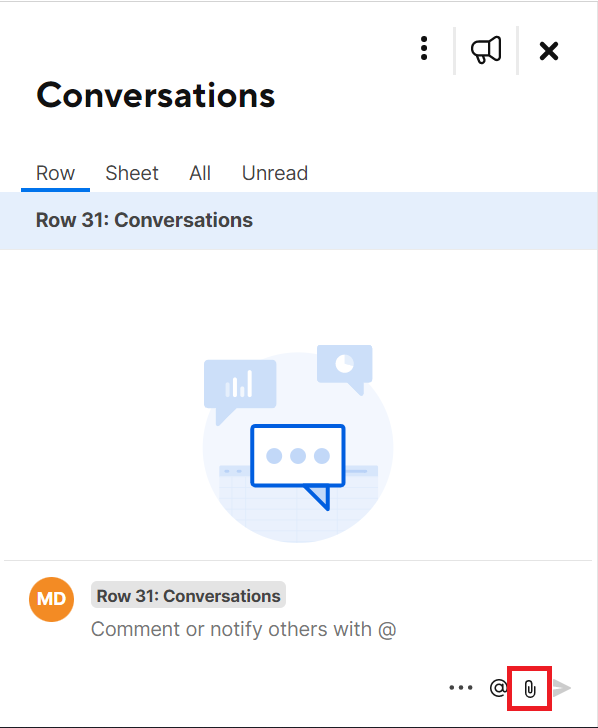 The Conversations panel with the Attachments icon highlighted