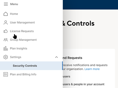 Settings menu in Admin Center with Security Controls selected