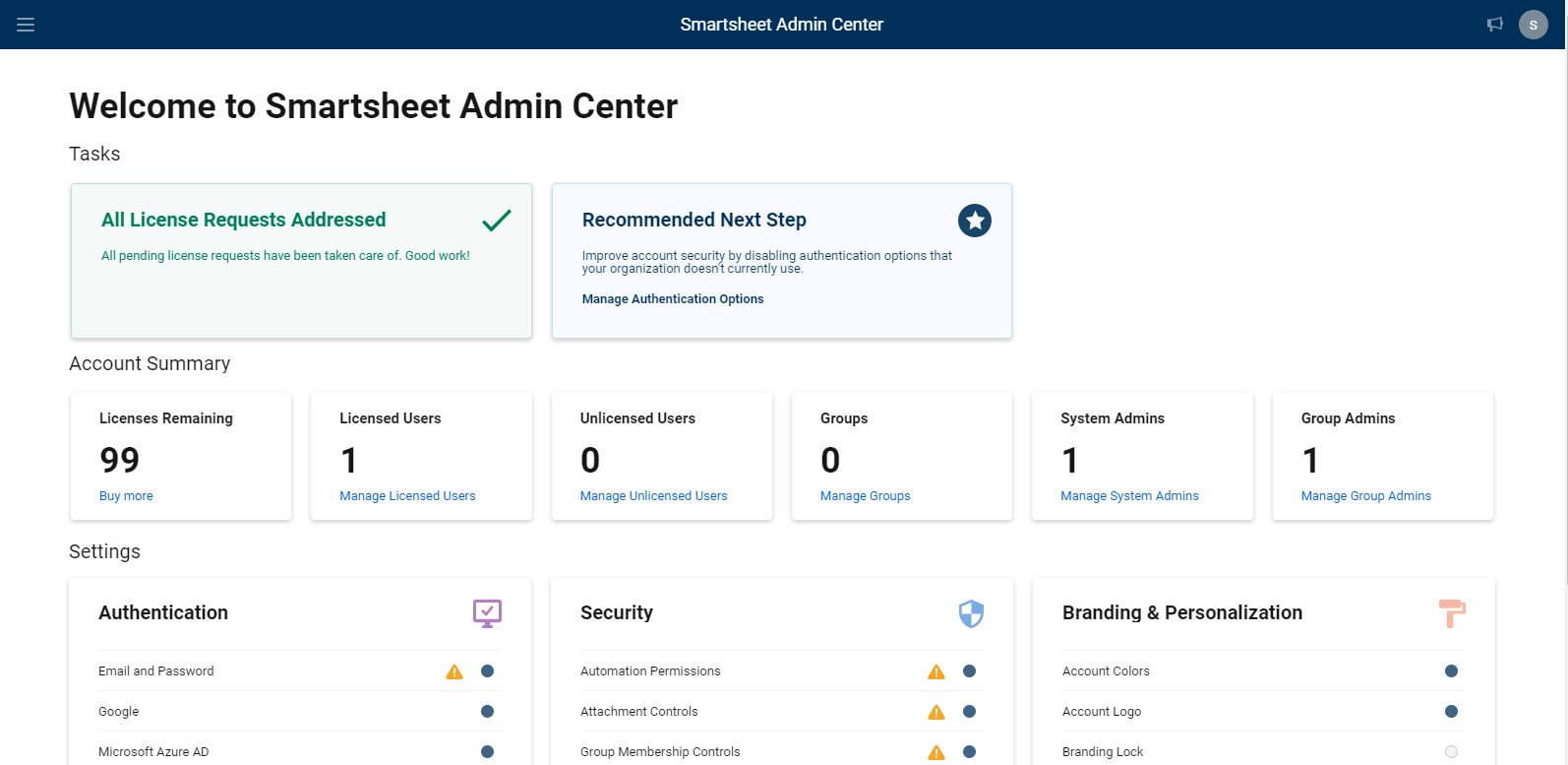 Admin Center home page
