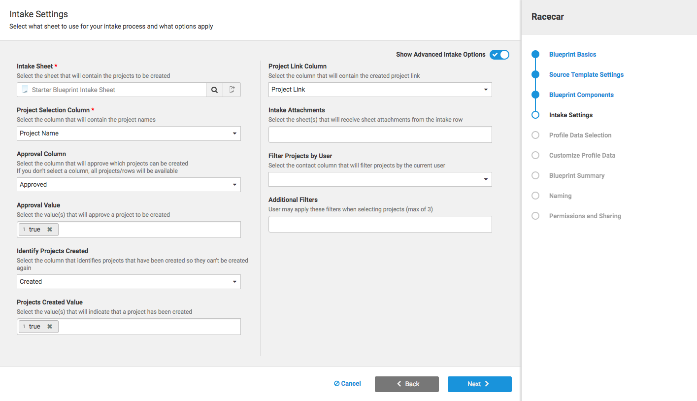 Control Center Blueprint Intake Settings