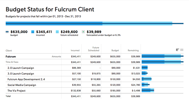 This image shows a budget status for specific client.