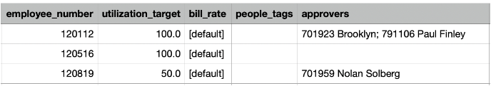 複数の承認者を複数のユーザーに追加する CSV ドキュメントの例 