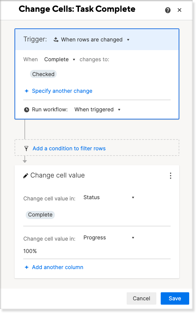 View of the Change cell value action in the workflow window.