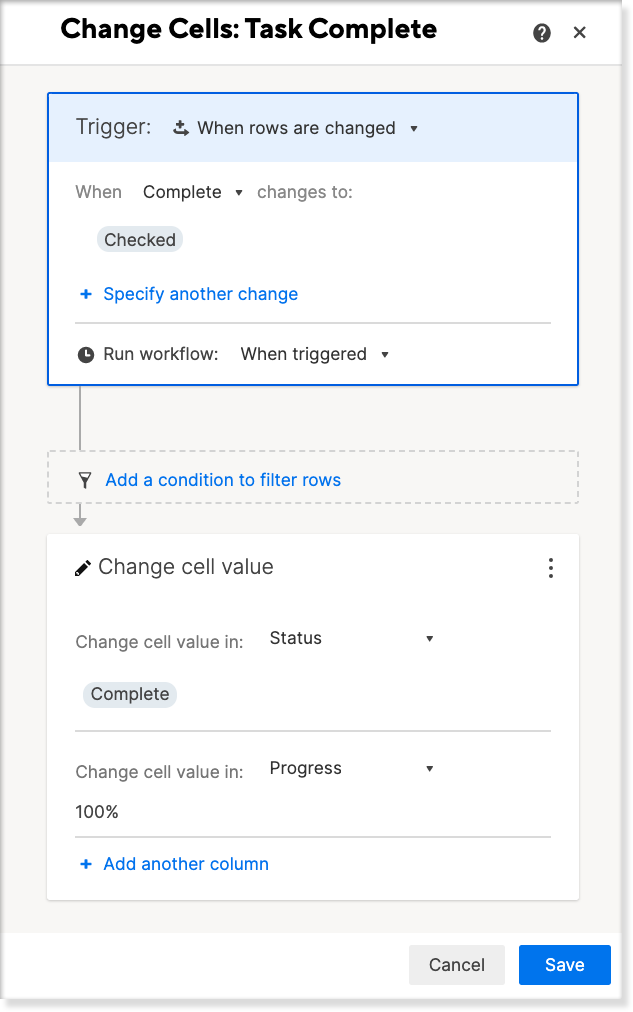 Ansicht der Aktion zum Ändern von Zellenwerten im Workflow-Fenster.