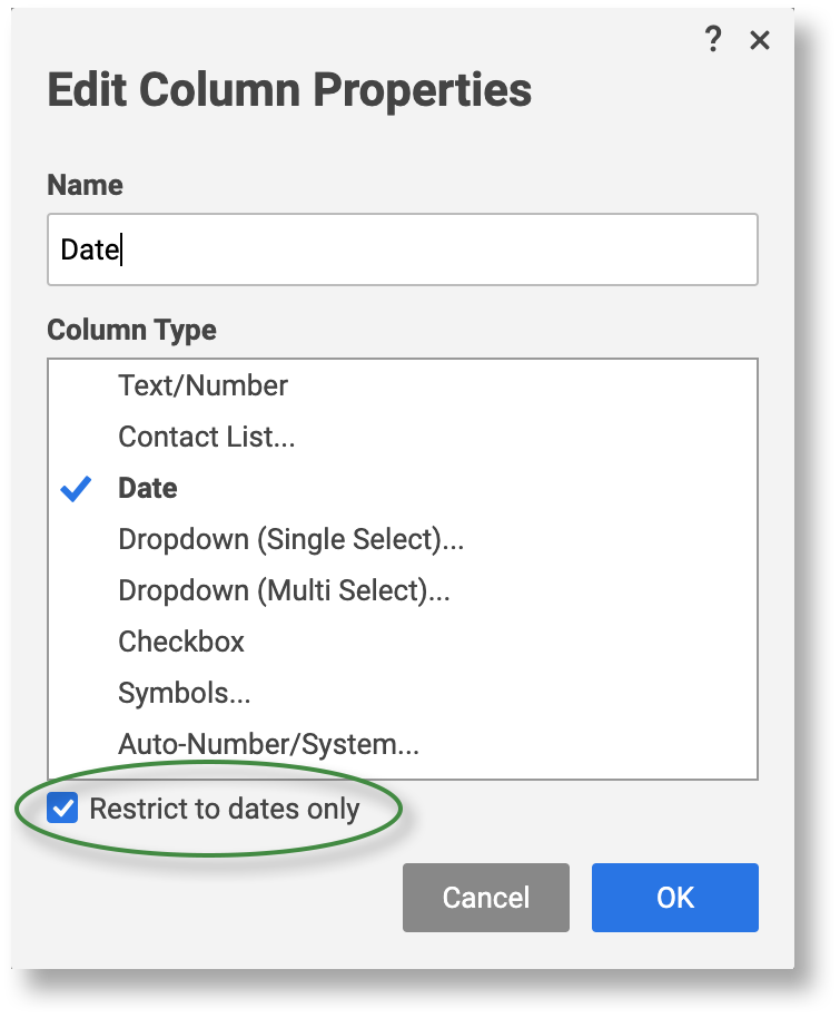 Editar propriedades da coluna, restringir apenas às datas selecionadas