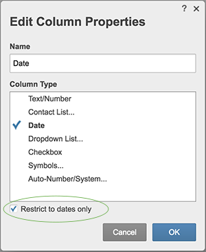 Option Modifier les propriétés de la colonne ou Restreindre aux dates uniquement sélectionnée