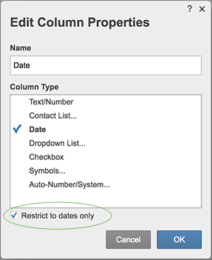 Editar propriedades de coluna, Restringir somente a datas