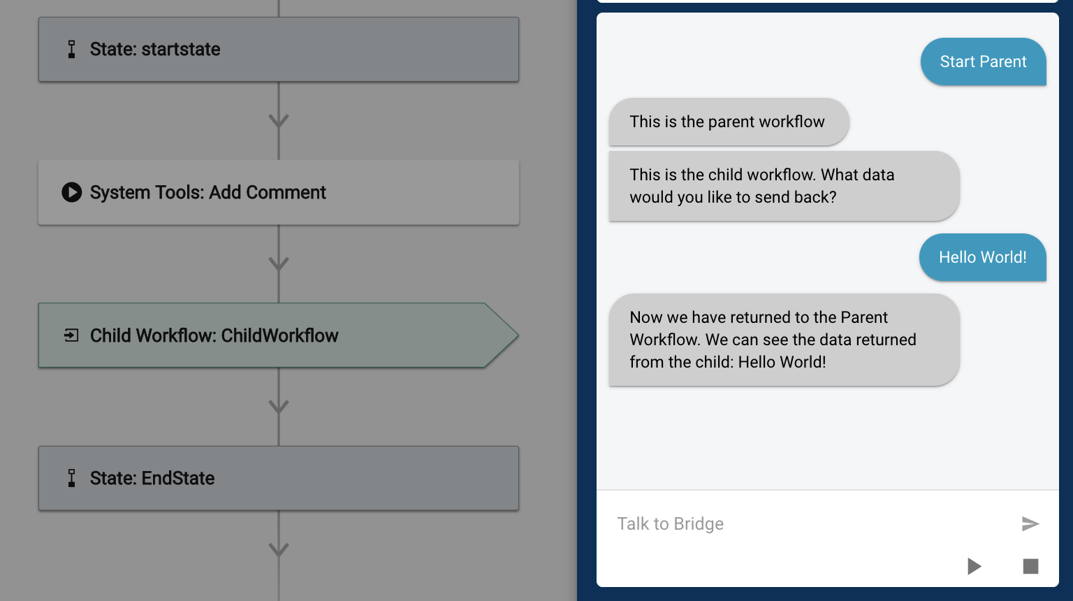 Completed Run of a parent and child workflow