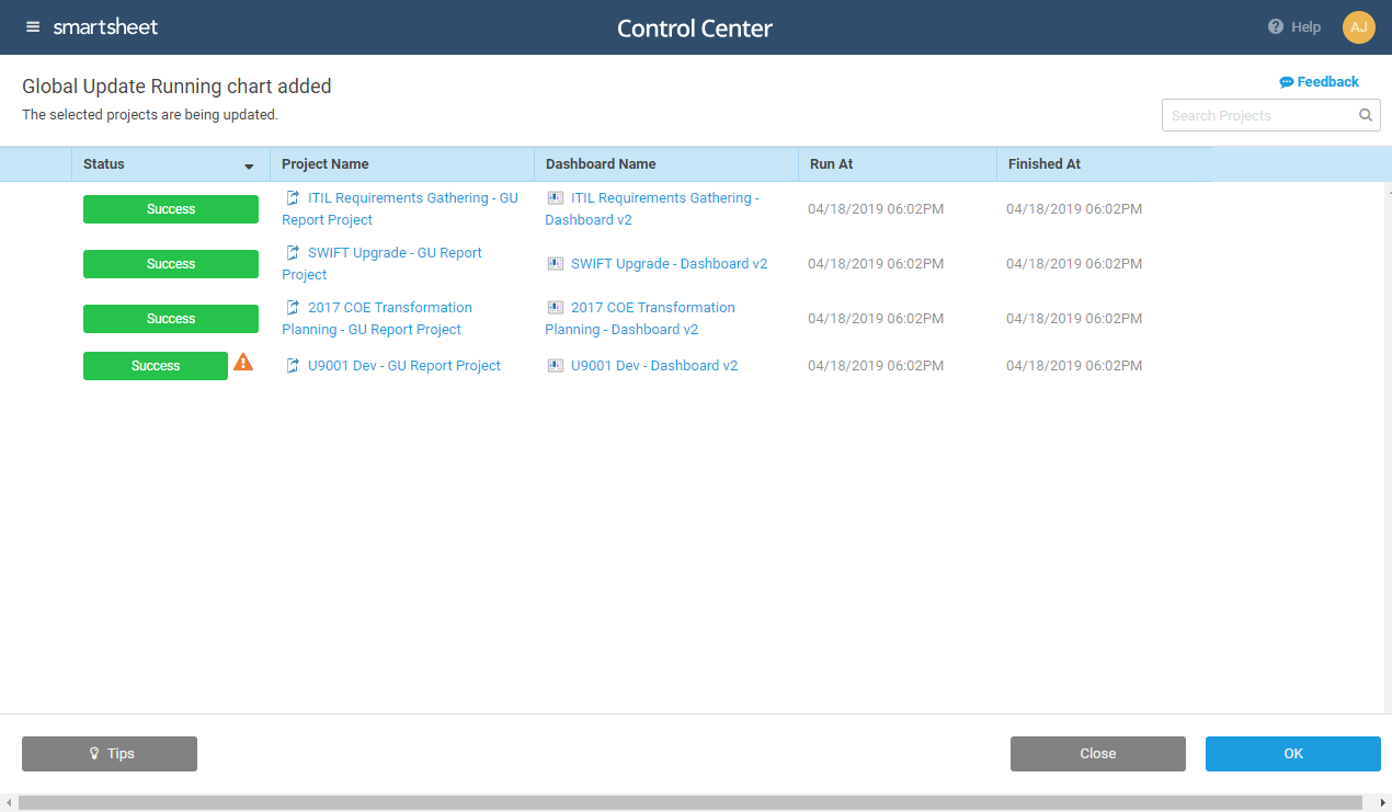 Ergebnisse von globalen Updates in Control Center