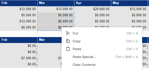 Copy Menu on Selected Cells