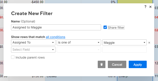 Caixa de diálogo Criar Novo Filtro