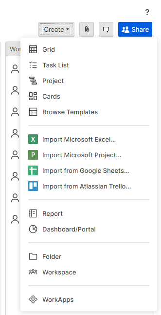 Expanded Create menu for creating items in a workspace