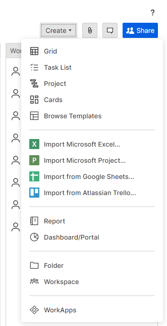 Menu Criar expandido para criar itens em uma área de trabalho