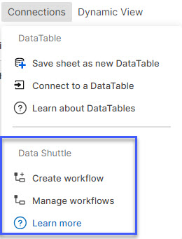 Vista del menú Conexiones de Data Shuttle, expandida desde el menú Conexiones en la barra superior de Smartsheet. 