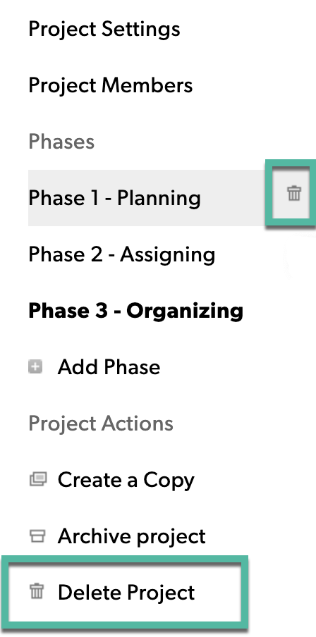 O menu da barra lateral esquerda nas configurações de projeto do RM no qual os usuários podem excluir o projeto ou as fases. 