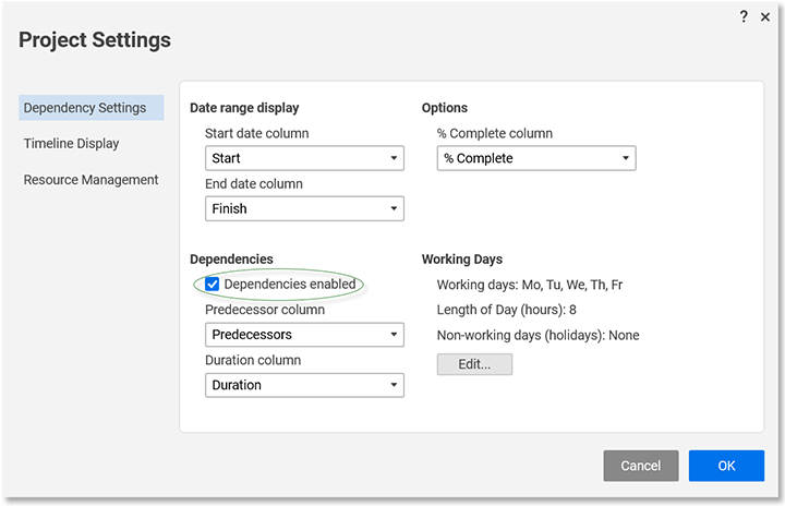 View of the Project Settings window.