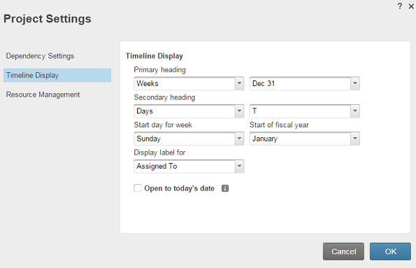 View of the Timeline Display in Project Settings.