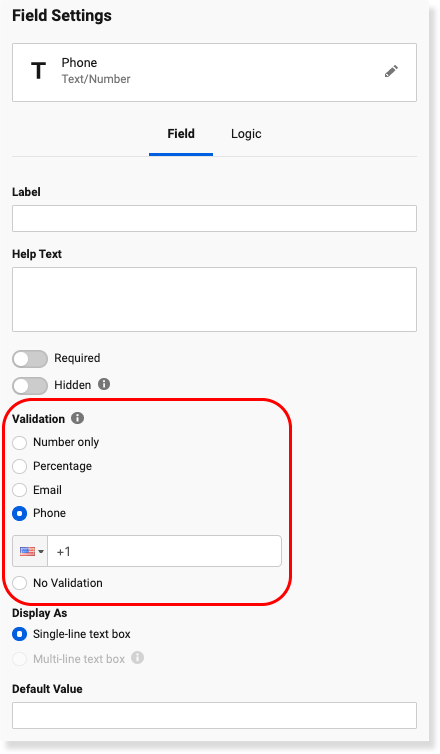 Field settings screen, showing the validation field options