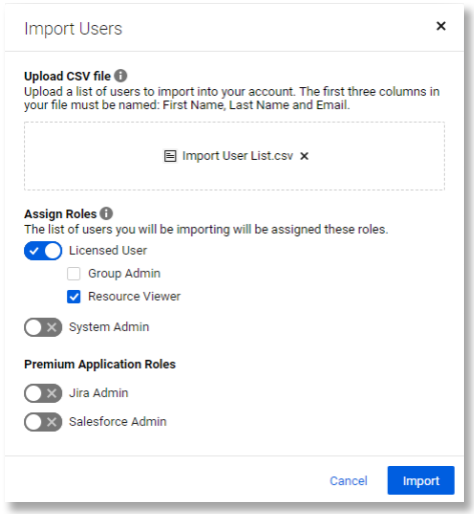 Import Users dialog box showing upload interface and role assignment toggles