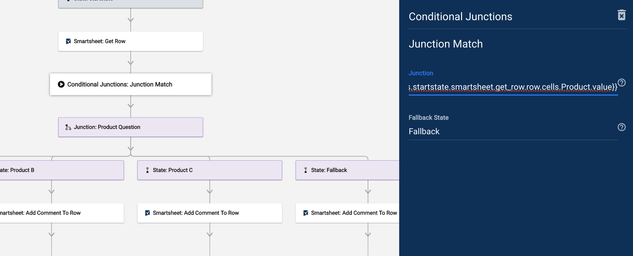 Junction Match (Junção de correspondência) com painel de configuração de exemplo aberto