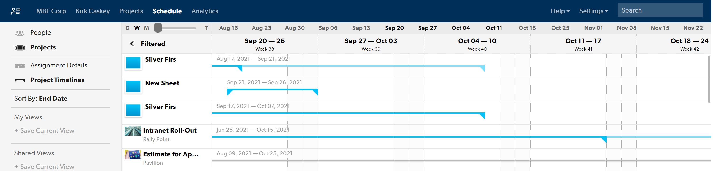 Screenshot of Project View in Resource Managment; top left corner shows focus is on Projects.