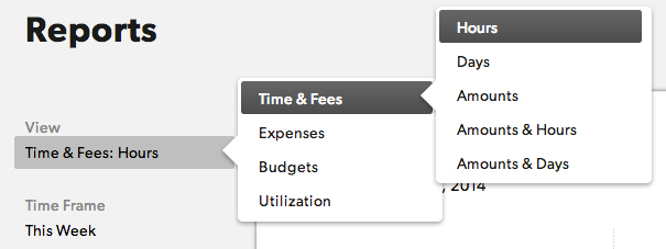 Time & fees hour report setting with flyout menus open