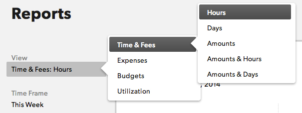 Configuração do relatório de Tempo e tarifas com menus flyout abertos