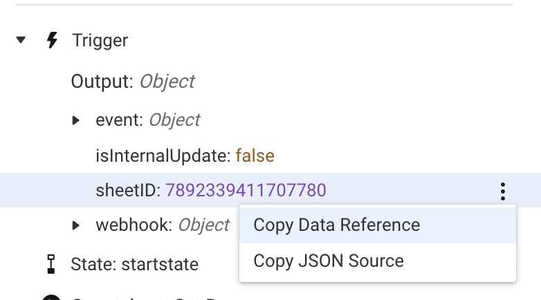 Copy Data Reference in the Run Log