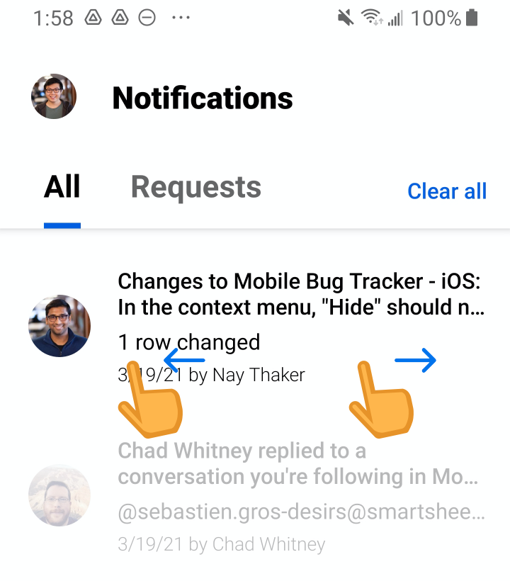 Notifications window in Smartsheet for Android.