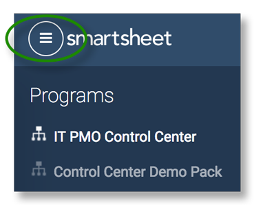 View of the Menu in Smartsheet Control Center.